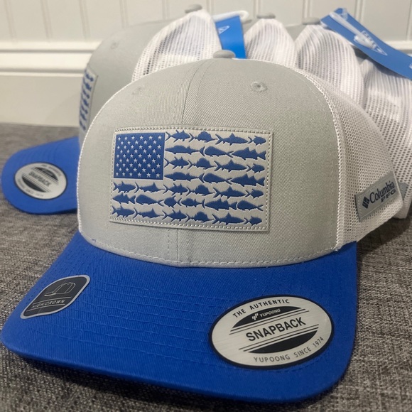 Columbia Men's PFG Fishing Mesh Snapback Fish Flag Hat Cool Grey/Wht/Vivid Blue - Picture 2 of 7